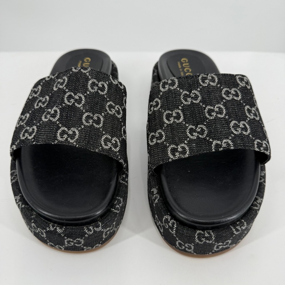 Gucci Platform Slides Womens 42/US 12 Black GG Monogram Denim Sandals Condition - Picture 2 of 9